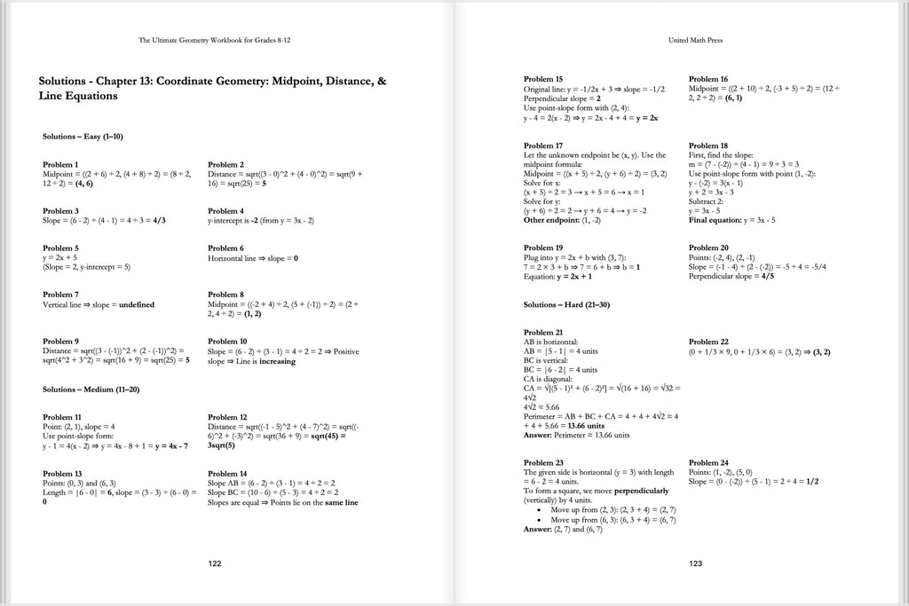 Mathematics workbook with coordinate geometry problems and solutions.