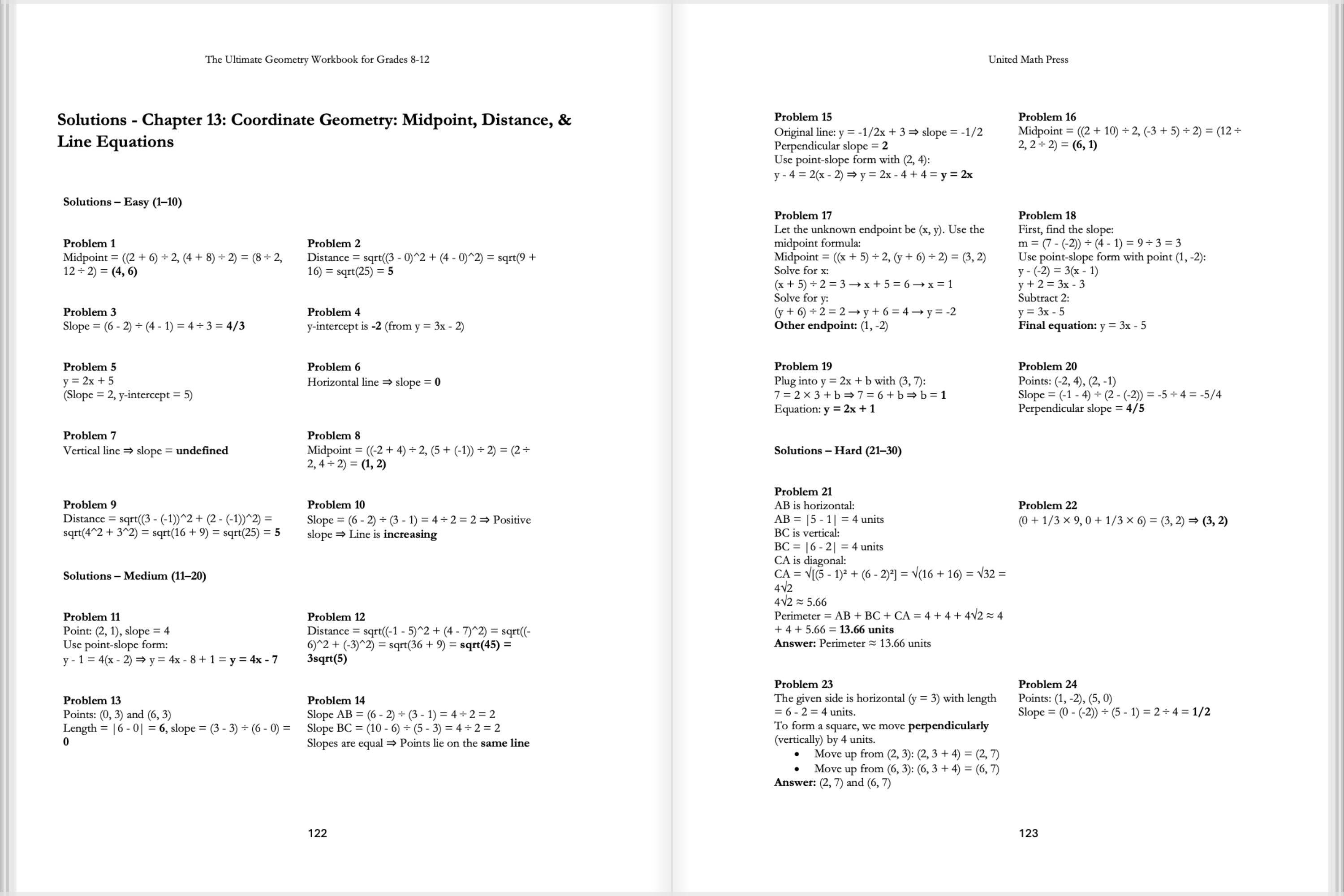 Mathematics workbook with coordinate geometry problems and solutions.