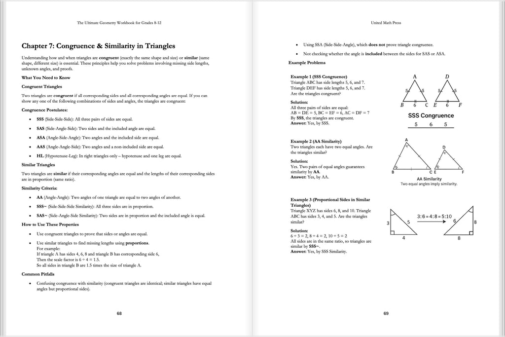 Mathematics workbook page on congruence and similarity of triangles with text and diagrams.