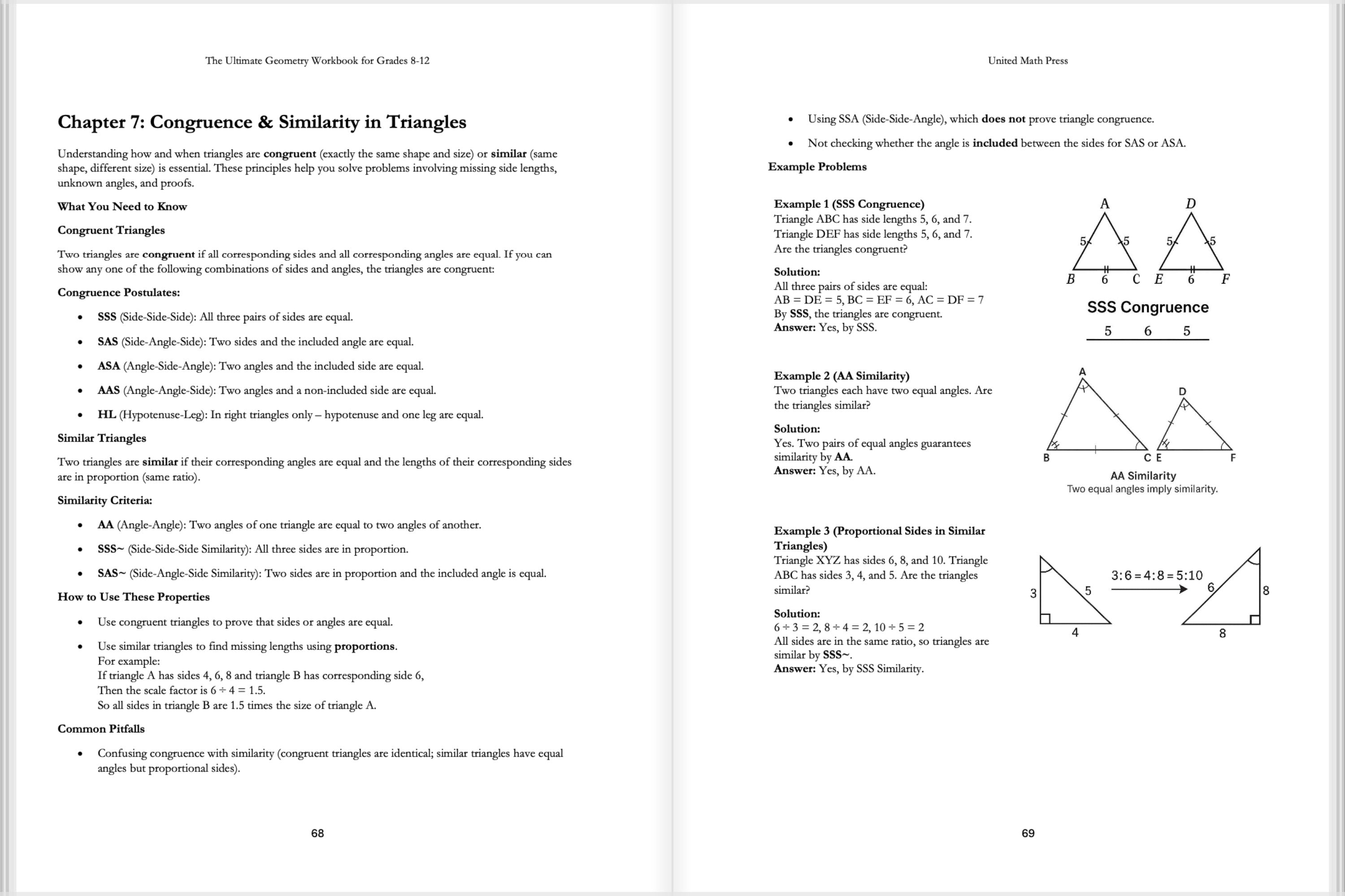 Mathematics workbook page on congruence and similarity of triangles with text and diagrams.