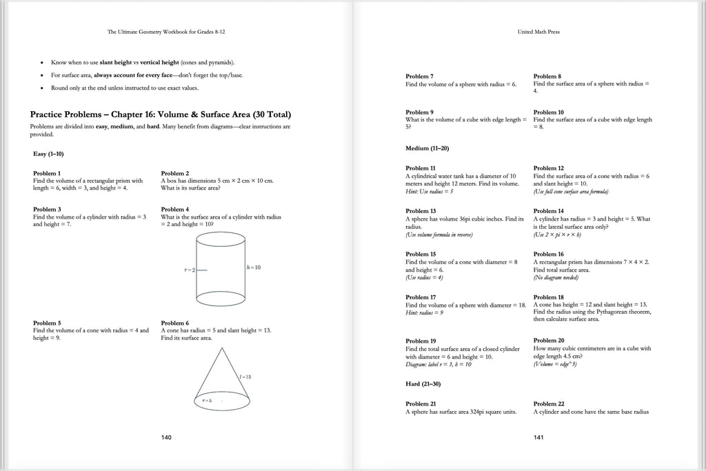 Mathematics workbook page with practice problems on volume and surface area, including a diagram of a cone.