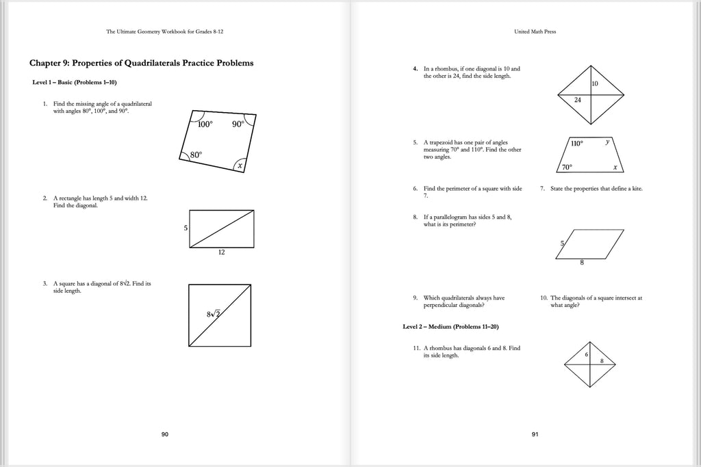 Mathematics workbook page with geometric problems and diagrams on properties of quadrilaterals.