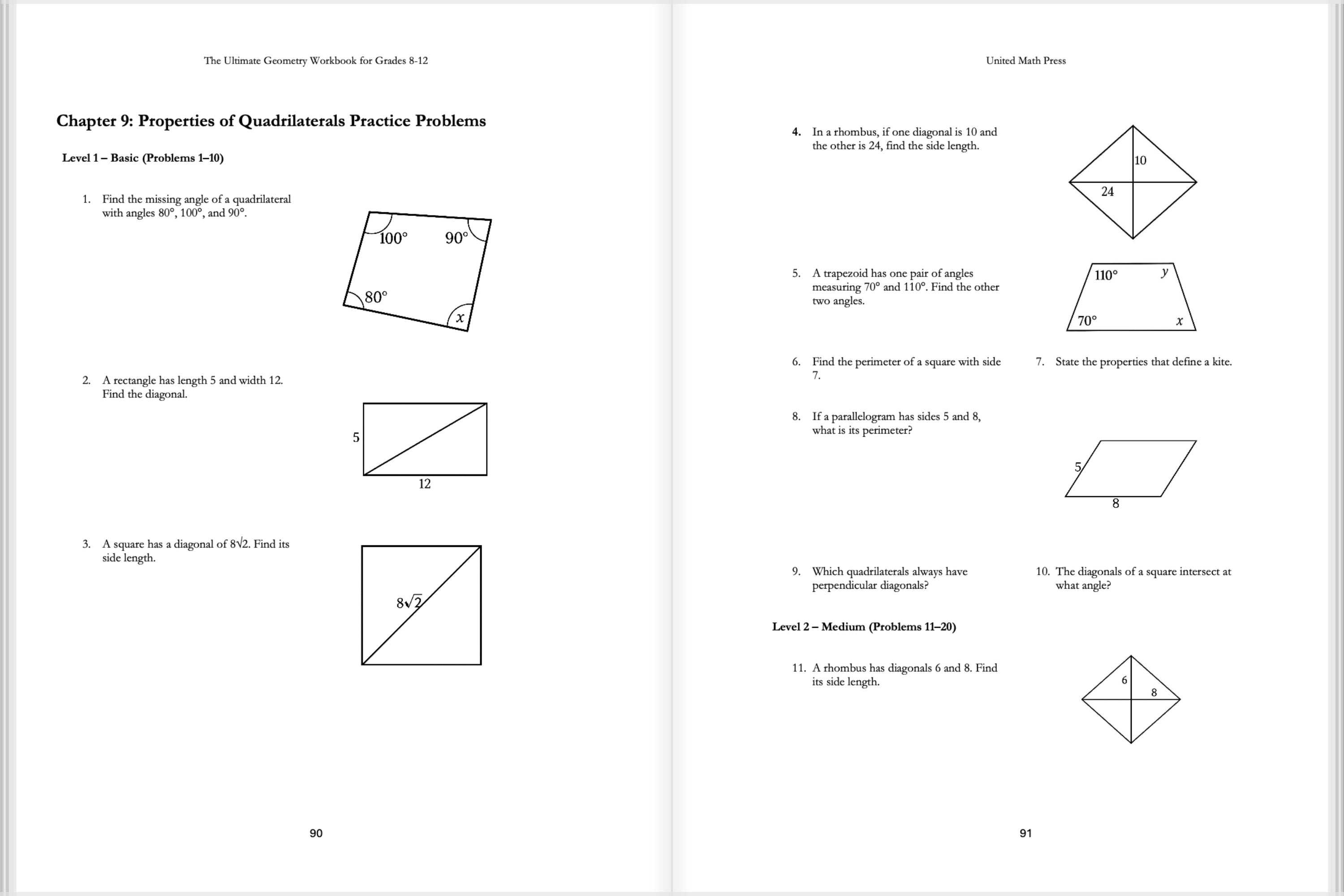 Mathematics workbook page with geometric problems and diagrams on properties of quadrilaterals.